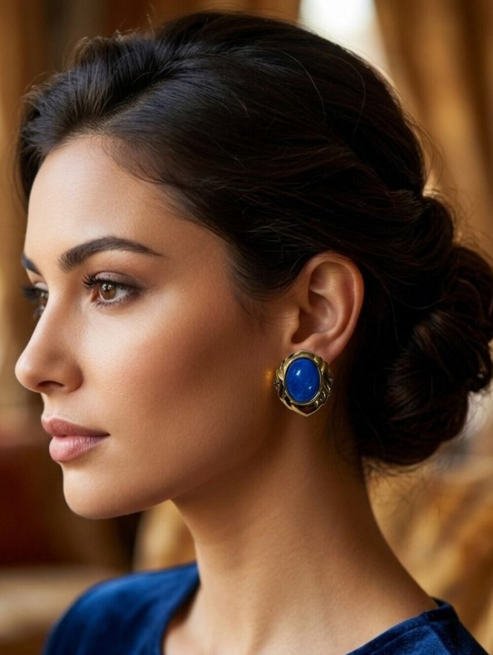 Vintage Gold-Tone Earrings with Bright Blue Cabochons